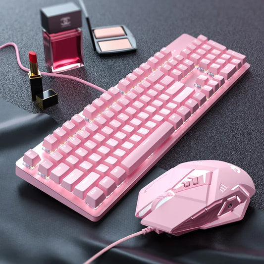 Pink real mechanical keyboard and mouse set