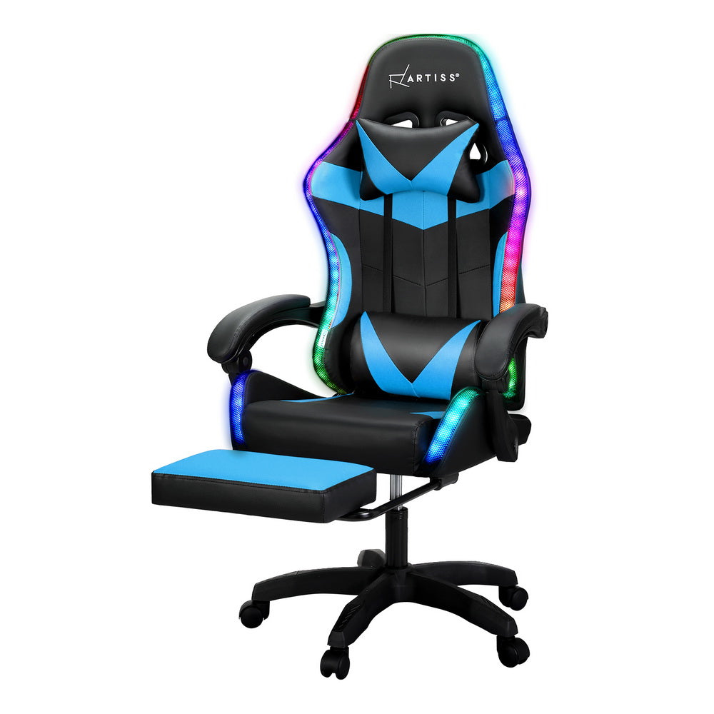 Elite 6-Point Massage Gaming Office Chair with LED Footrest in Cyan Blue