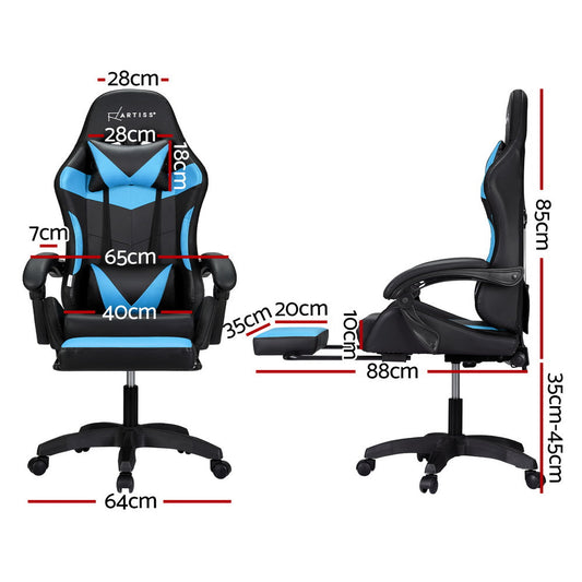 Elite 6-Point Massage Gaming Office Chair with LED Footrest in Cyan Blue