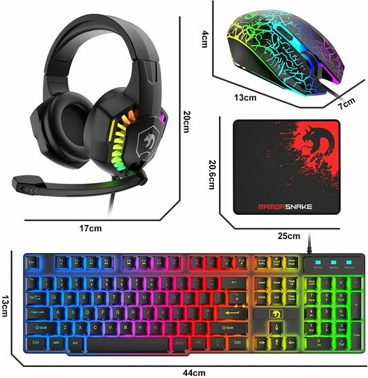 Gaming Keyboard & Mouse & Headset & Mousepad Set RGB Backlit Wired for PC Laptop