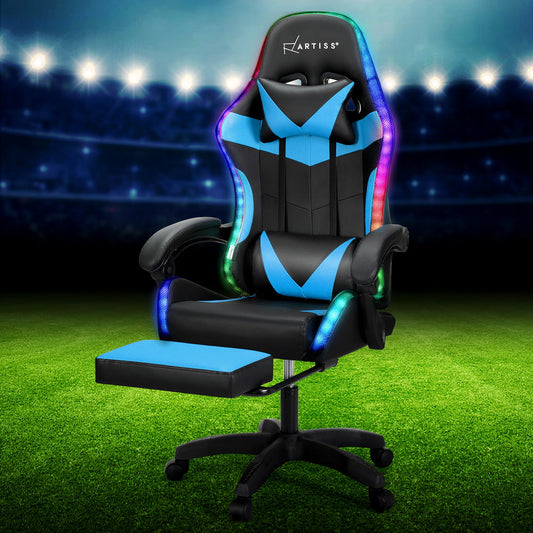 Elite 6-Point Massage Gaming Office Chair with LED Footrest in Cyan Blue
