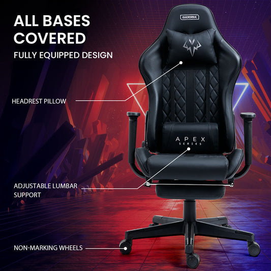 Elite Apex Series Ergonomic Gaming Recliner with Footrest in Black